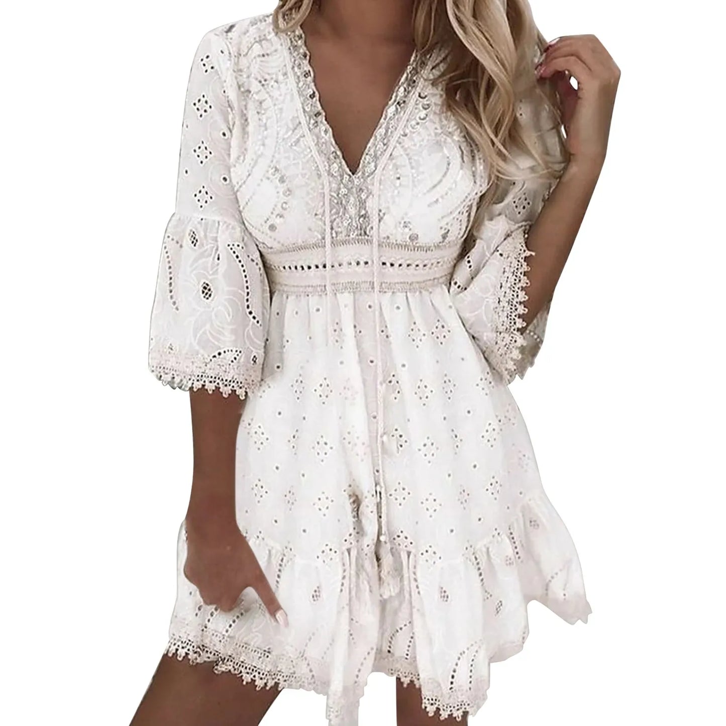 Summer White Dresses for Women Lace Hollowed Crochet Cotton Dress Lady Beach Sundress Short Sleeve