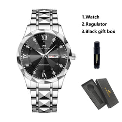 Men’s Diamond Night-Glow Business Watch – Dual Calendar Quartz, 41mm Blue & Gold Stainless Steel