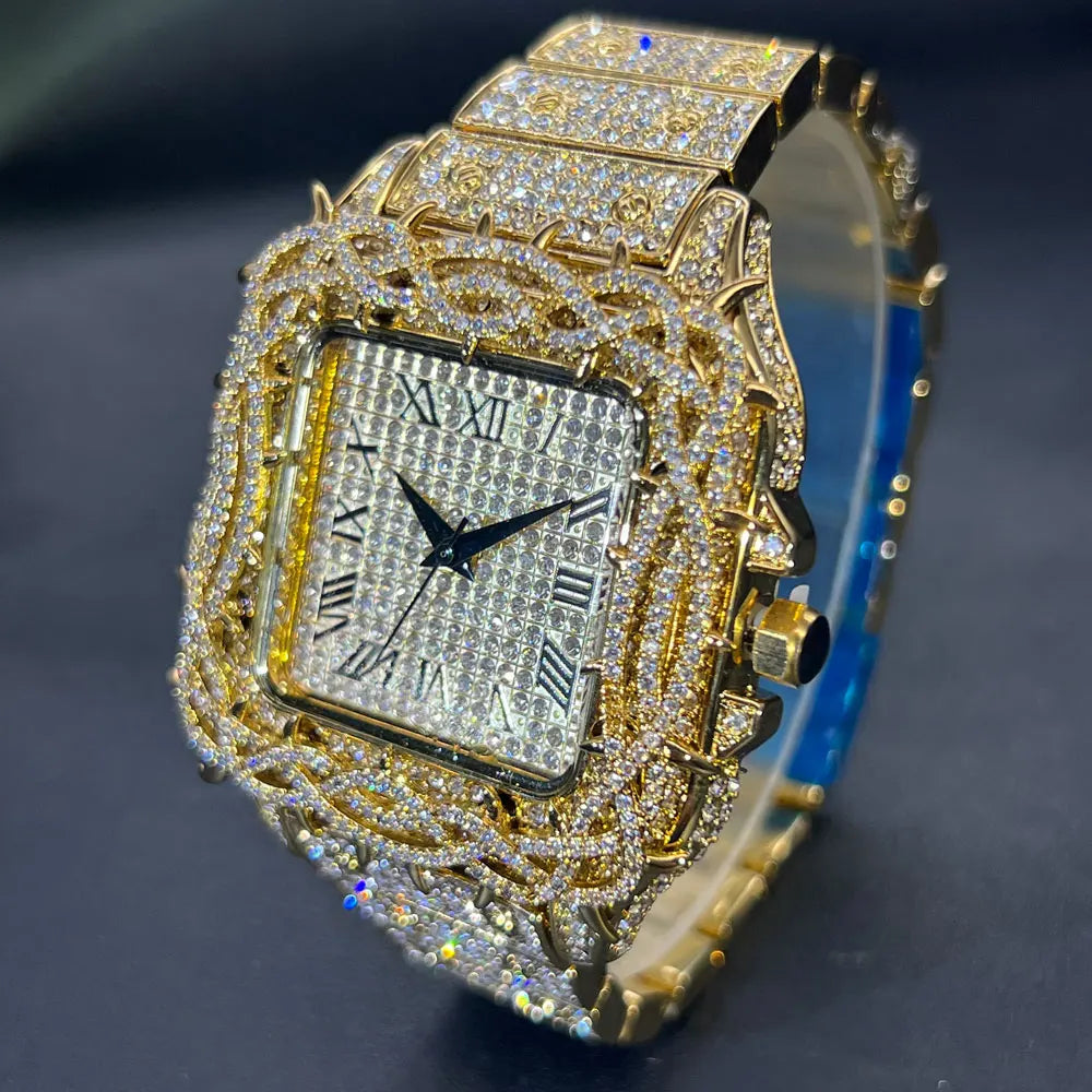 Watch For Men Fashion Luxury Gold Square Diamond Full Sky Star Male's Clock Watches New Skeleton Flower Quartz Wristwatch 2025