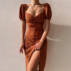 Dress Women'S Soild Hip Wrap Women'S Dress V Neck Single Breasted A Line Dress Office Daily Wear High Slit Ladies Maxi Dress