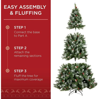 6Ft Pre-lit Pre-Decorated Pine Hinged Artificial Christmas Tree with free (818 Flocked Frosted Tips,58 Pinecones, 58 Berries,250 Lights)