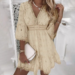 Summer White Dresses for Women Lace Hollowed Crochet Cotton Dress Lady Beach Sundress Short Sleeve