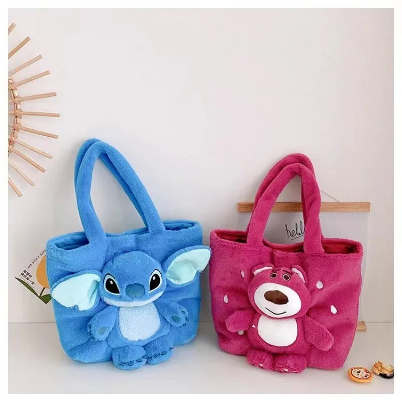 Disney 2024 New Cartoon Plush Doll Shoulder Bag Cute Stitch Strawberry Bear Soft Cute Girls Handbag