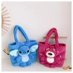 Disney 2024 New Cartoon Plush Doll Shoulder Bag Cute Stitch Strawberry Bear Soft Cute Girls Handbag