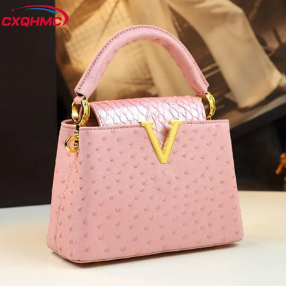 Leather Women Handbags V Letter Small Shoulder Crossbody Bag Pink Ostrich Print Portable Messenger Shell Bags 2024 New