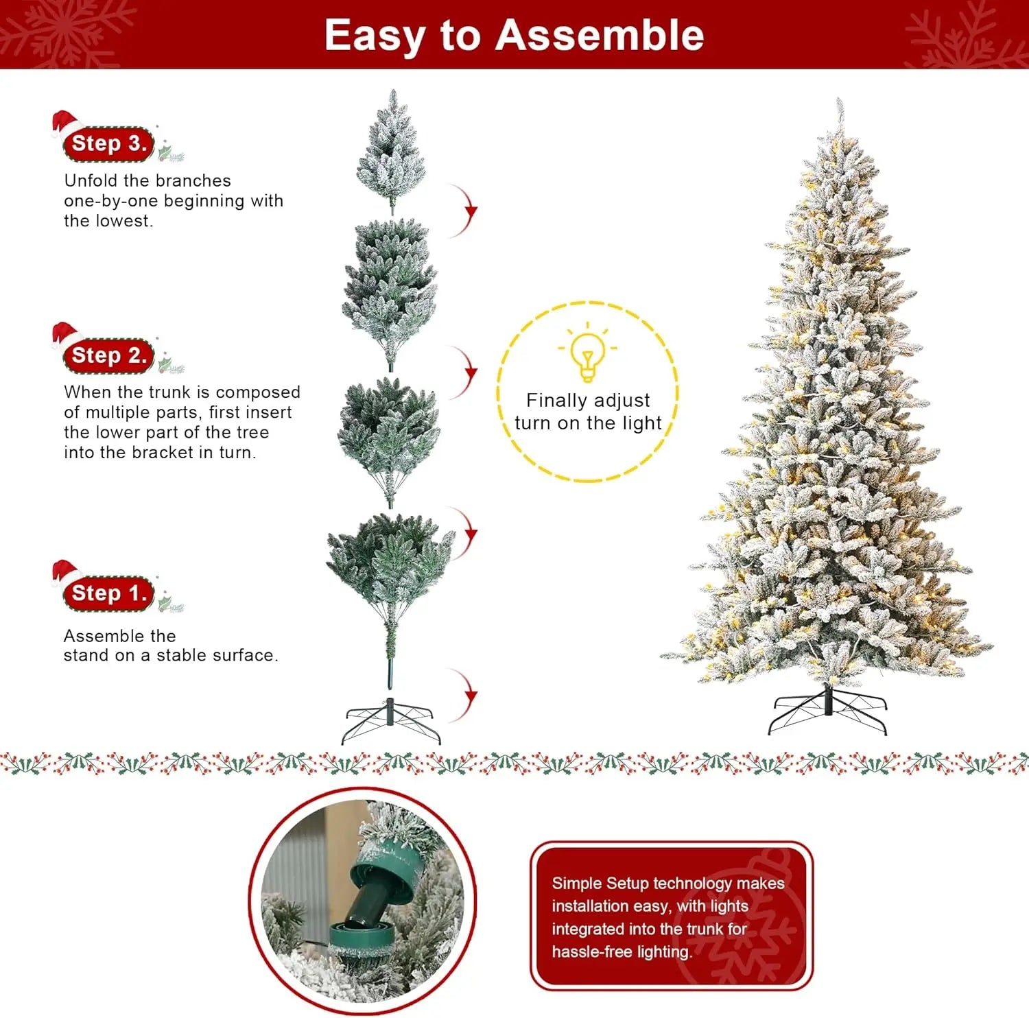 9-foot Pre-lit Snow-Flocked Fir Artificial Christmas Tree with Easy Assembly and Metal Stand