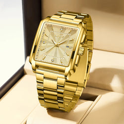 Men’s Luxury Square Stainless Steel Quartz Watch – Golden Waterproof Fashion Wristwatch