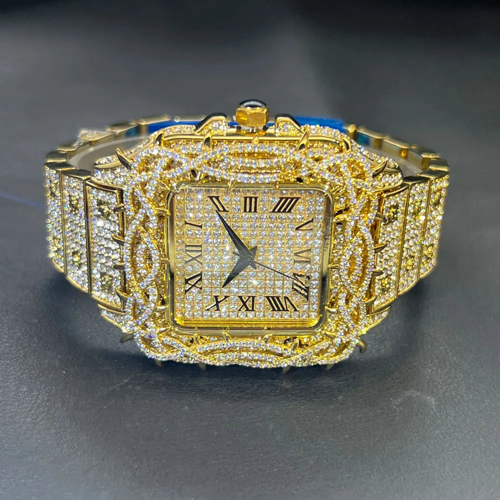 Watch For Men Fashion Luxury Gold Square Diamond Full Sky Star Male's Clock Watches New Skeleton Flower Quartz Wristwatch 2025