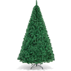 An 8-foot faux PVC Christmas tree, complete with a sturdy bracket for easy assembly, suitable for both indoor and outdoor use, in a vibrant green to celebrate the holiday season.