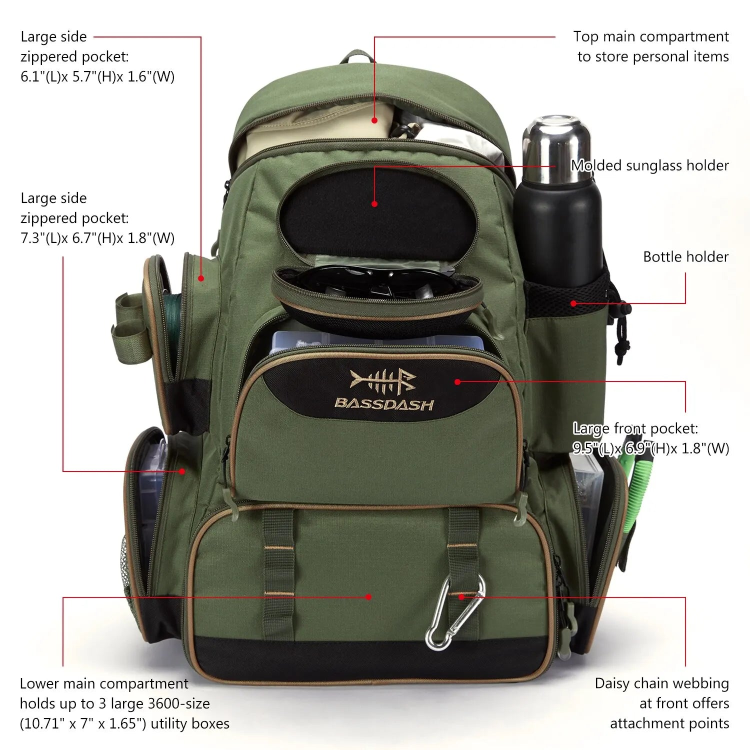 Lamp Post lightweight tactical fishing backpack with multiple compartments and tackle box for fishing gear storage.