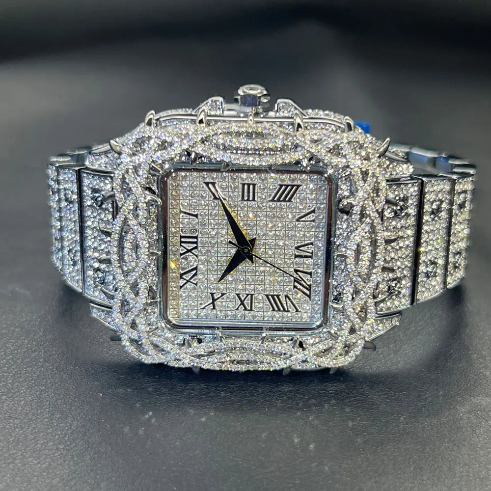 Watch For Men Fashion Luxury Gold Square Diamond Full Sky Star Male's Clock Watches New Skeleton Flower Quartz Wristwatch 2025