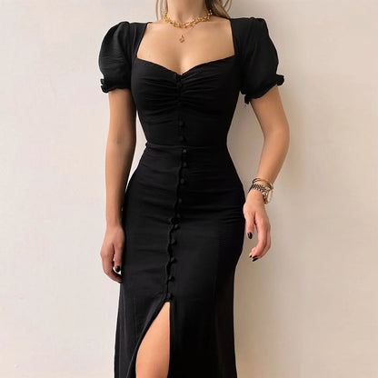 Dress Women'S Soild Hip Wrap Women'S Dress V Neck Single Breasted A Line Dress Office Daily Wear High Slit Ladies Maxi Dress