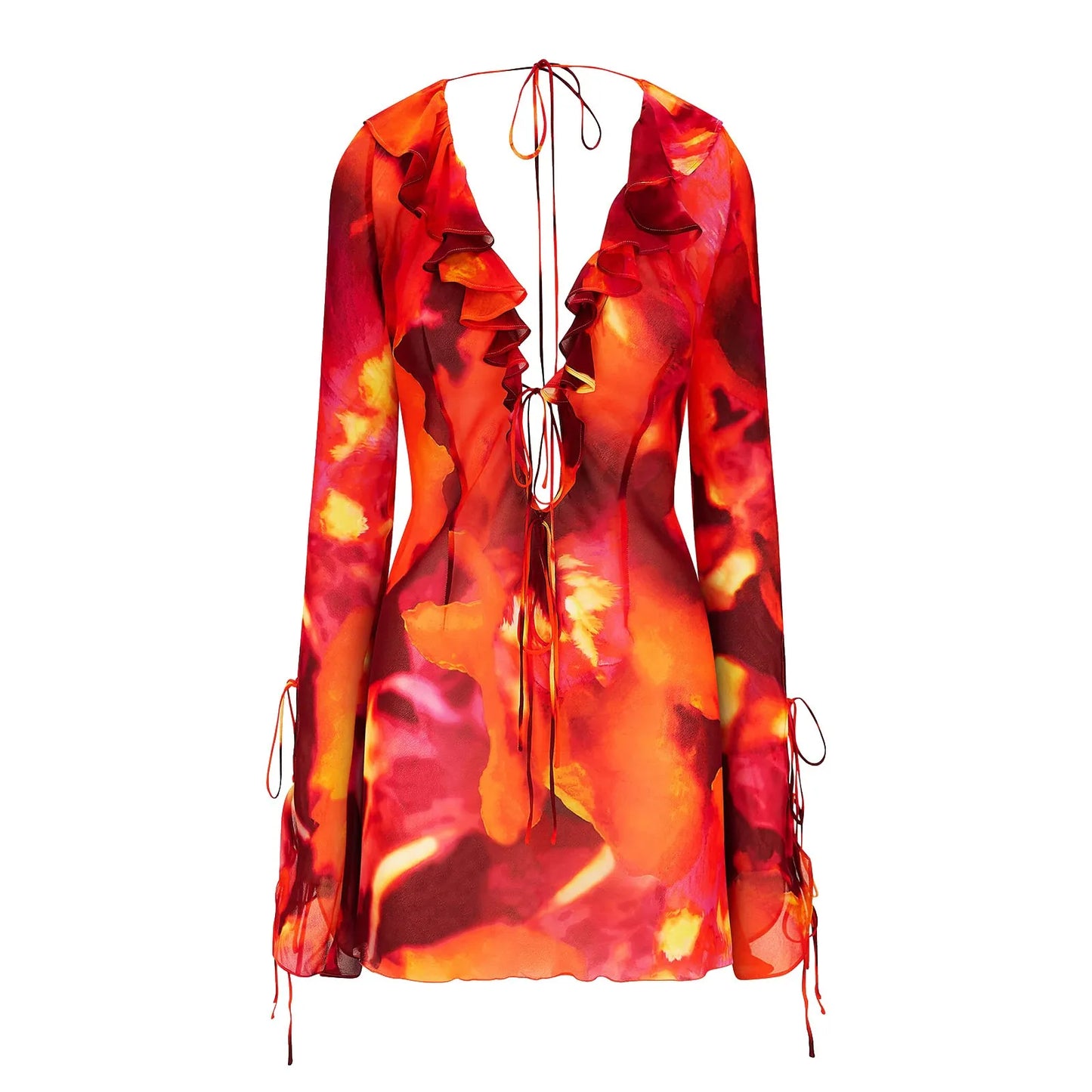 Sexy Tie-Dye Deep V Ruffle Dress – Lace-Up Summer Style with Flirty Long Sleeves