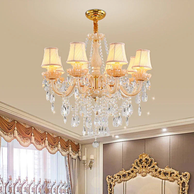 French Champagne Crystal Chandelier Bronze Pendant Lamp for Dining