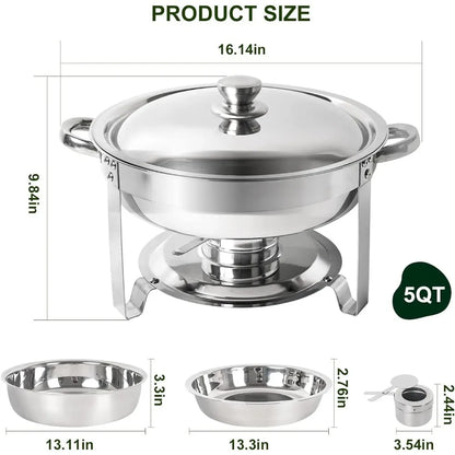 Chafing Dish Buffet Set of 2 Pack: 5QT Round Stainless-Steel Chafer for Catering