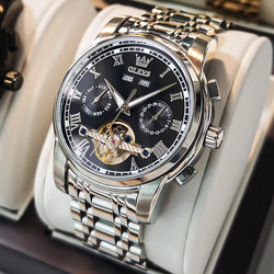 Men’s Automatic Skeleton Mechanical Watch – Waterproof Stainless Steel Business Wristwatch with Calendar