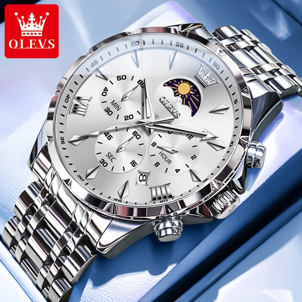 Multifunction Chronograph Quartz Watch – 30M Water-Resistant Luminous Moon-Phase Timepiece