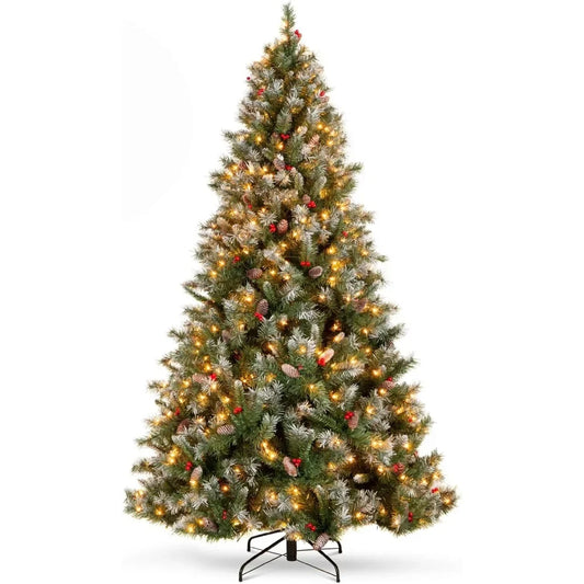 6Ft Pre-lit Pre-Decorated Pine Hinged Artificial Christmas Tree with free (818 Flocked Frosted Tips,58 Pinecones, 58 Berries,250 Lights)