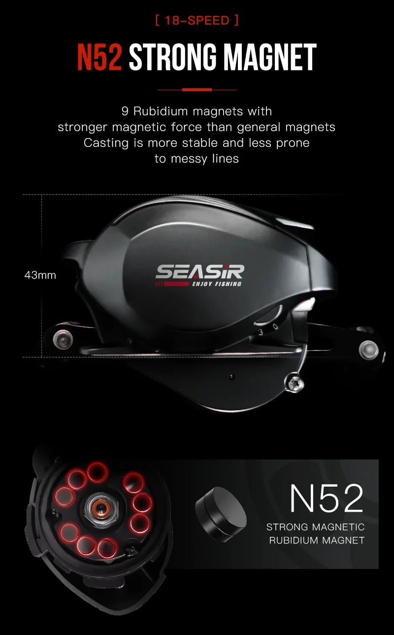 Baitcasting Reel 7.3:1 Hybrid Ceramic Bearing Carbon Fiber Washer Dual Bearing System N52 Brake Fishing Reels