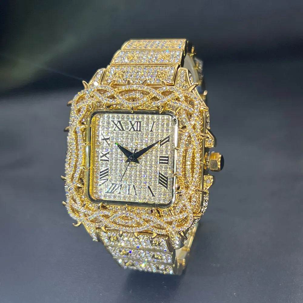 Watch For Men Fashion Luxury Gold Square Diamond Full Sky Star Male's Clock Watches New Skeleton Flower Quartz Wristwatch 2025