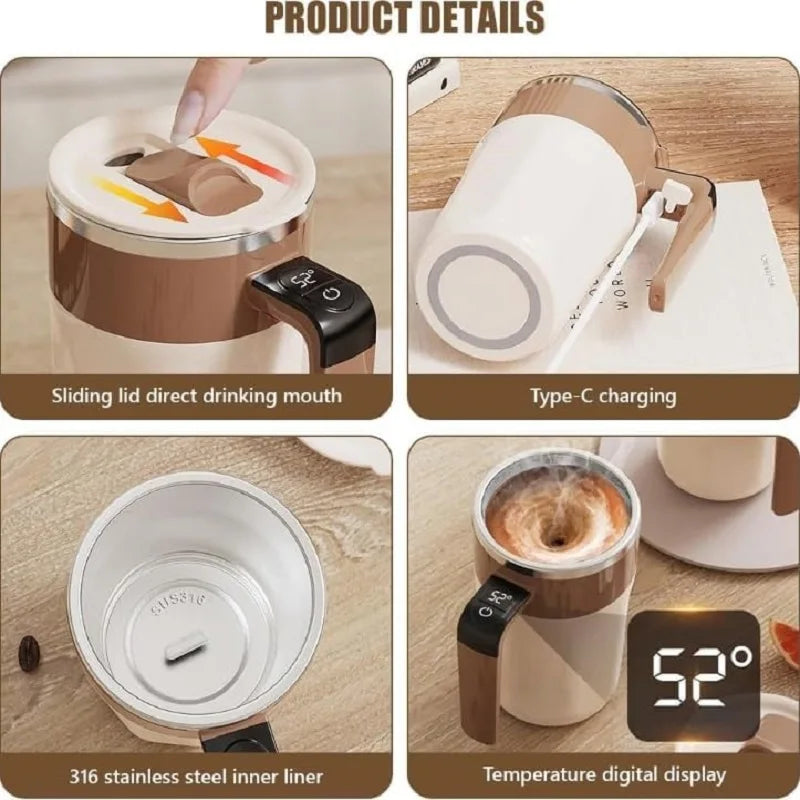 Perfectly Mixed Drinks on the Go – Self-Stirring Stainless-Steel Mug with Magnetic Blender with Lid