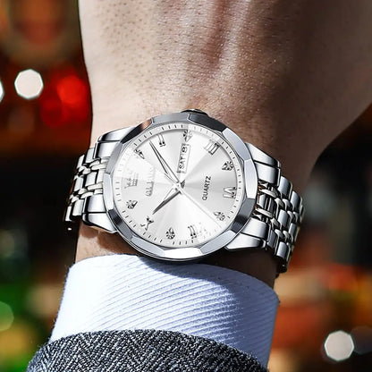 Men Diamond Business Dress Analog Quartz Stainless Steel Waterproof Luminous Date Two Tone Luxury Casual Wrist Watch silver watch for men