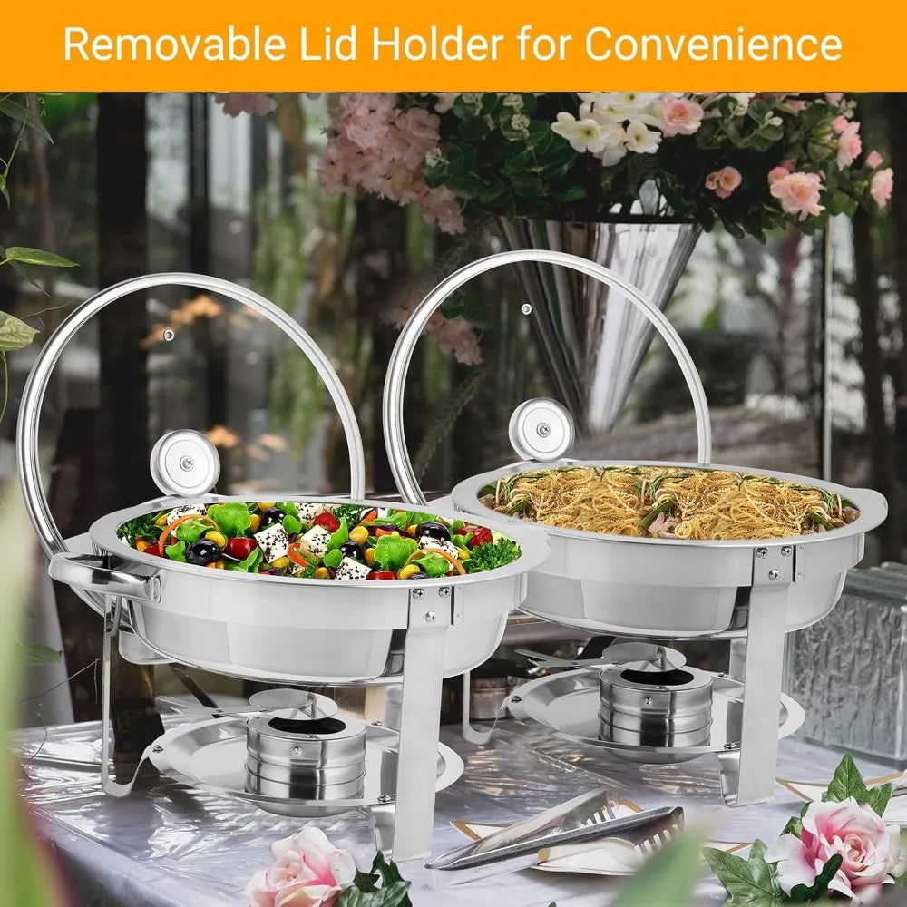 5Qt 4 Pack Chafing Dish Buffet Set: Stainless Steel Round Chafers for Catering Set