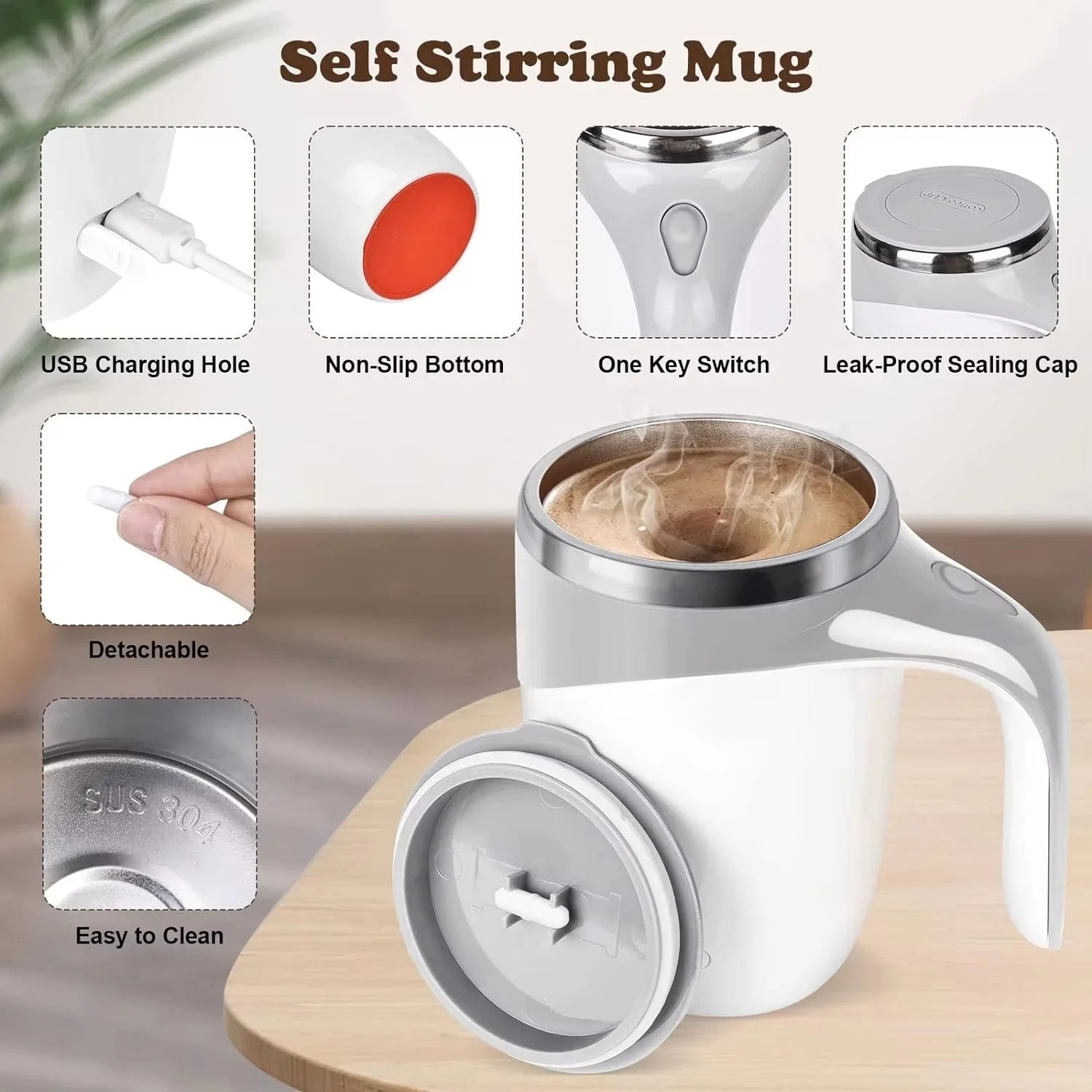 Automatic Self-Mixing Coffee Mug with Magnetic Stirrer – 304 Stainless Steel, Rechargeable Electric Mug for Coffee, Milk & Tea