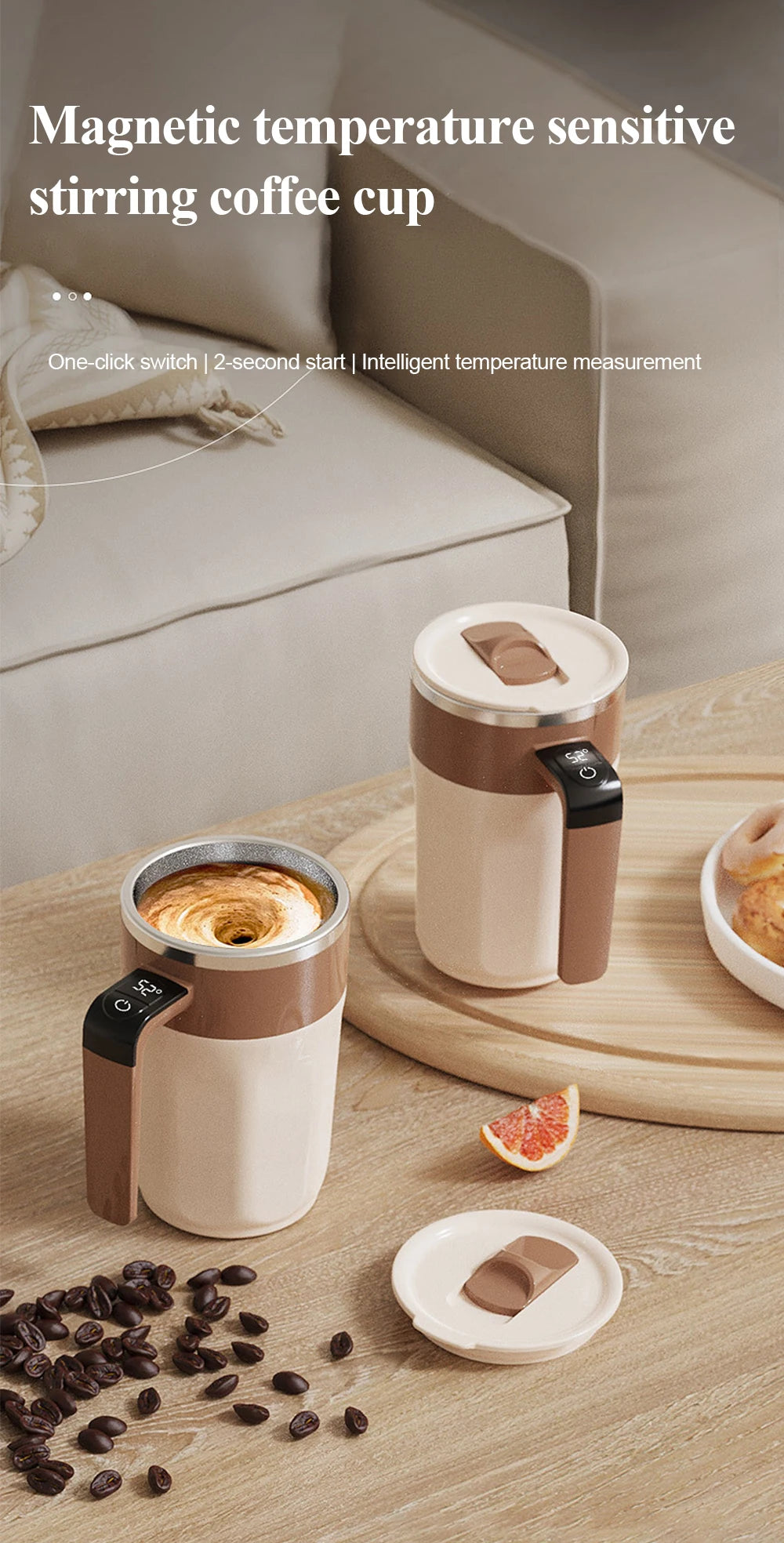 Perfectly Mixed Drinks on the Go – Self-Stirring Stainless-Steel Mug with Magnetic Blender with Lid
