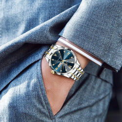 Men’s Diamond Night-Glow Business Watch – Dual Calendar Quartz, 41mm Blue & Gold Stainless Steel