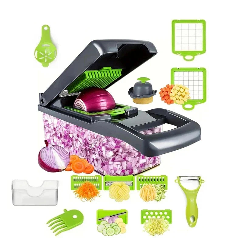 Lamp Post 14/16-in multifunctional vegetable chopper with handle, food grater, slicer, and dicer for easy kitchen vegetable prep.
