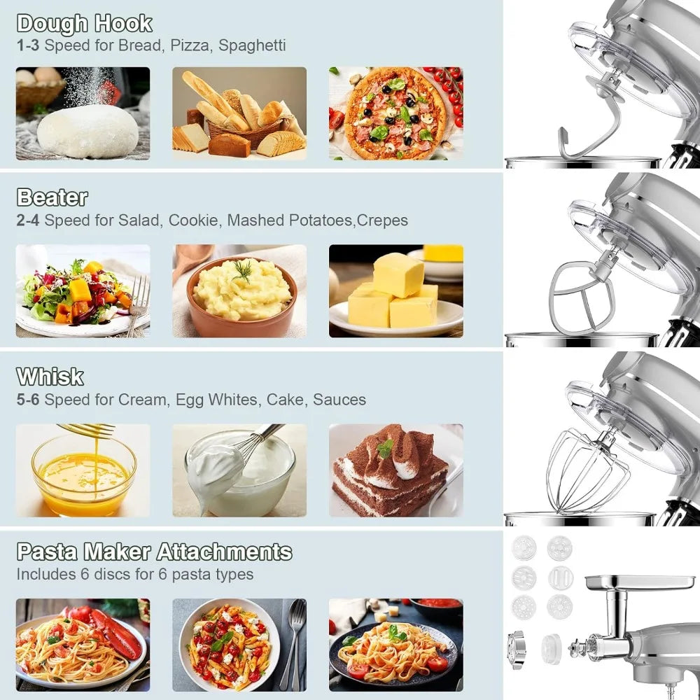 6-IN-1 Electric Kitchen Mixer with 6.5QT Bowl, Glass Jar, Meat Grinder