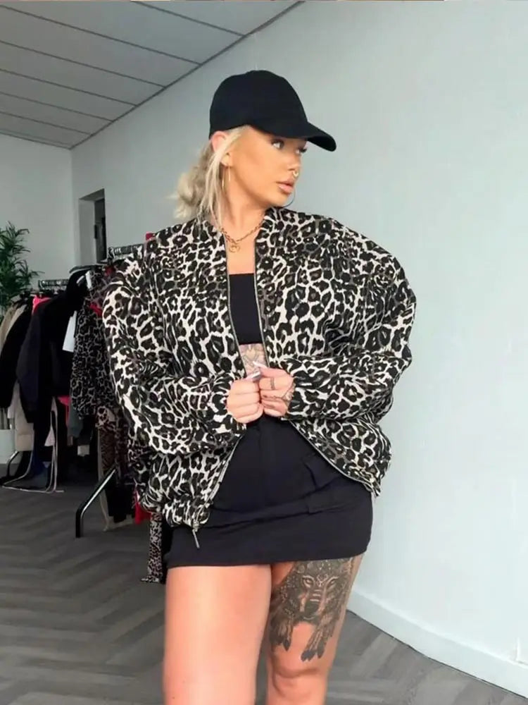 2024 Fashion Leopard Zipper Long Sleeved Women's: Female Autumn Commute Coat