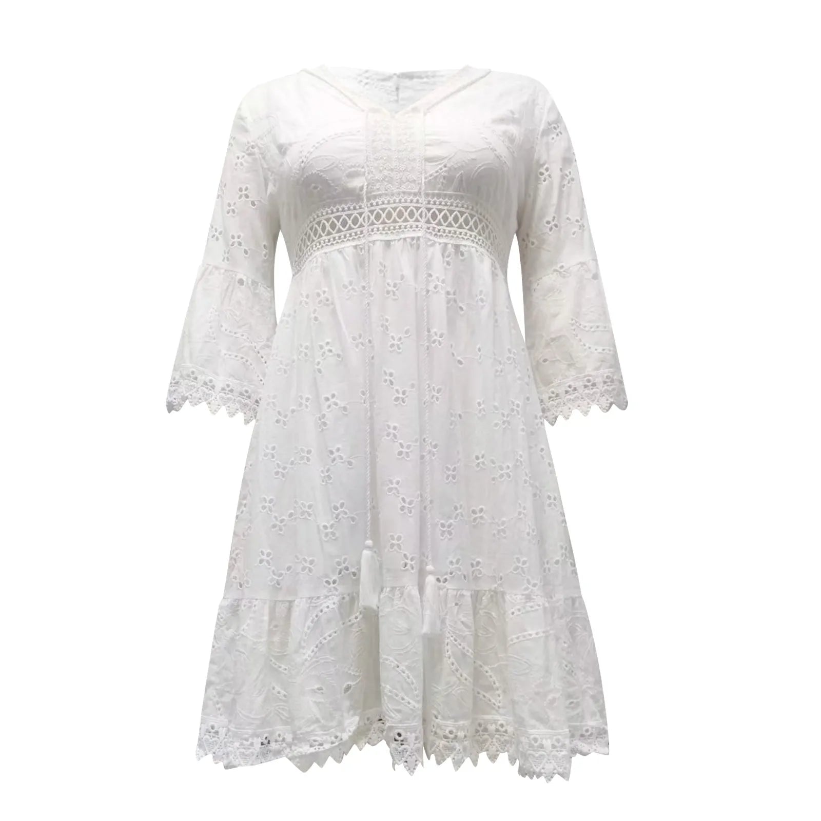 Summer White Dresses for Women Lace Hollowed Crochet Cotton Dress Lady Beach Sundress Short Sleeve