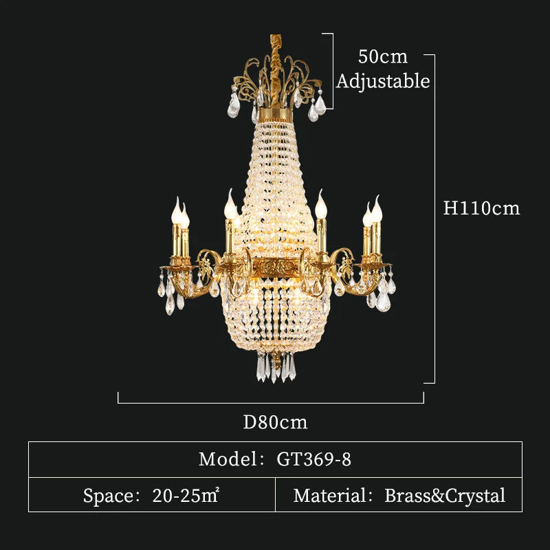 French Empire Antique Brass Crystal LED Chandelier for Living Room