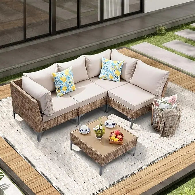 Affordable Sofa Set- Wicker Patio Furniture Set, Outdoor Conversation Sectional Sofa w/Coffee Table