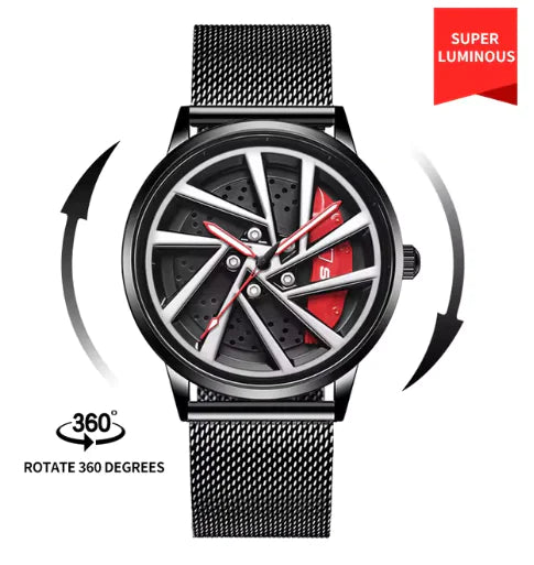 360° Rotating Quartz Sports Watch - Waterproof Car Rim Design for Men