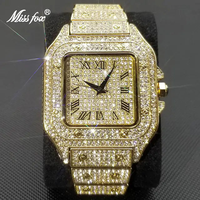 MISSFOX Ice Out Diamond Square Watch for Men