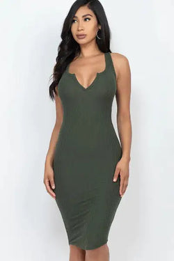 SPLIT NECK RIBBED BODYCON DRESS