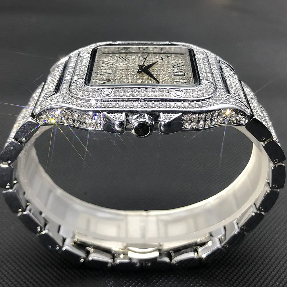 MISSFOX Ice Out Diamond Square Watch for Men