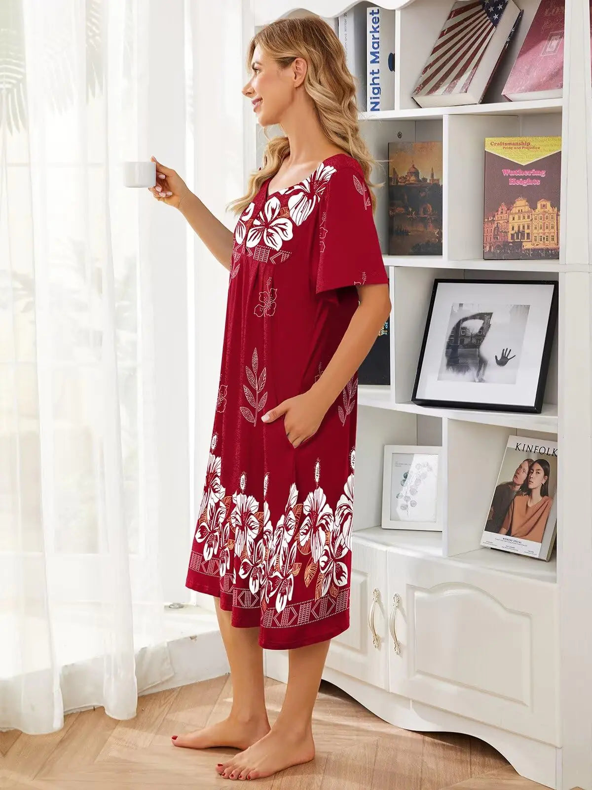 House Dresses for Women with Pockets Moo Moo Nightgown Short Sleeve Mumu Dress Lounge Dress S-3XL Wine Red 5X-Large