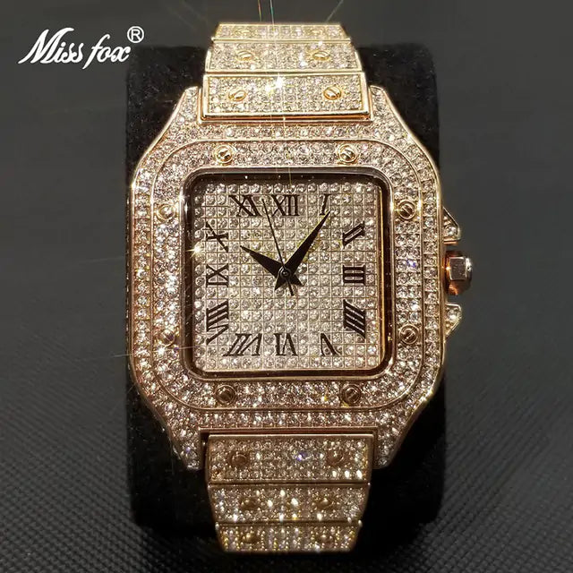 MISSFOX Ice Out Diamond Square Watch for Men