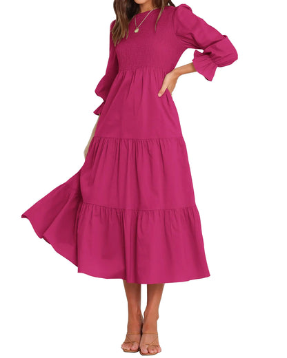 BTFBM Women Casual Long Sleeve Dress Fall Dresses 2024 Solid Color Relaxed Fit Smocked Tiered Flowy Boho Long Dresses Large Solid Rose Red