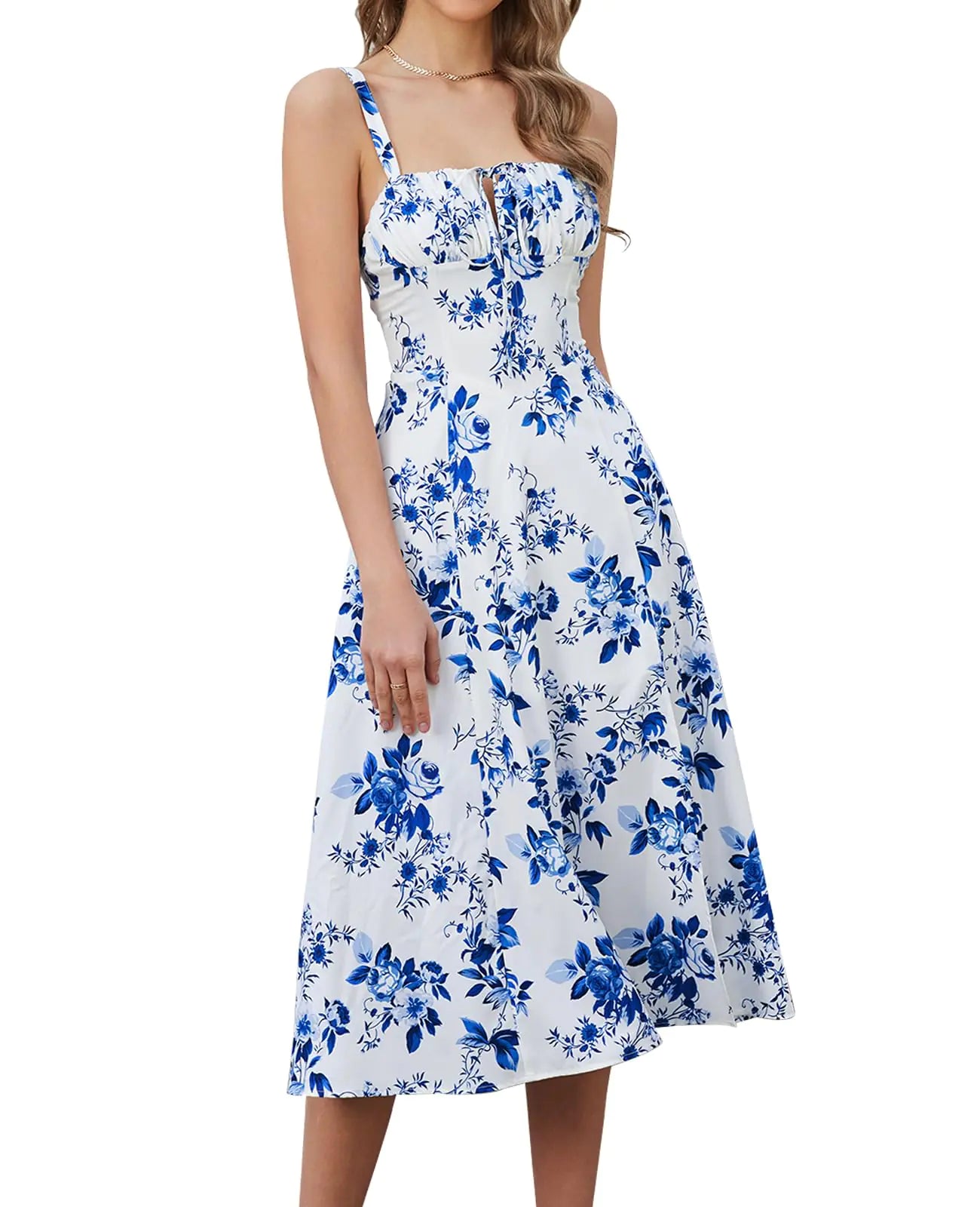 Floral Midi Corset Dress Boho Flowy Slit Lace Up Dresses for Women Going Out A Line Casual Sundress Wide shoulder straps 10-12 Whitefloral