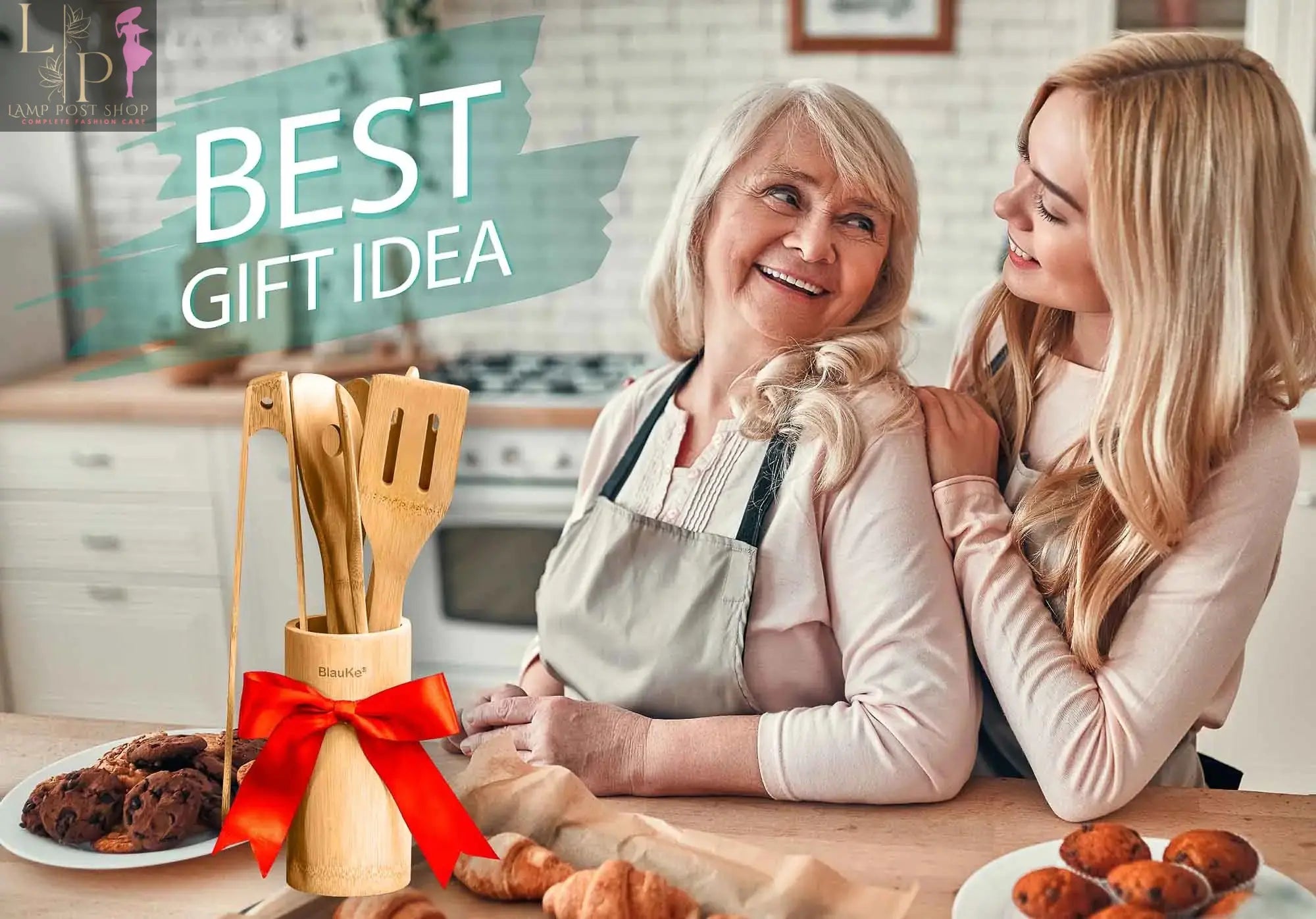 Bamboo Kitchen Utensils Set 8-Pack - Nonstick Wooden Cooking Tools Lamp Post