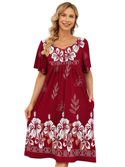 House Dresses for Women with Pockets Moo Moo Nightgown Short Sleeve Mumu Dress Lounge Dress S-3XL Wine Red 5X-Large