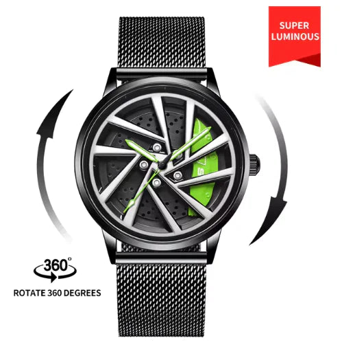 360° Rotating Quartz Sports Watch - Waterproof Car Rim Design for Men