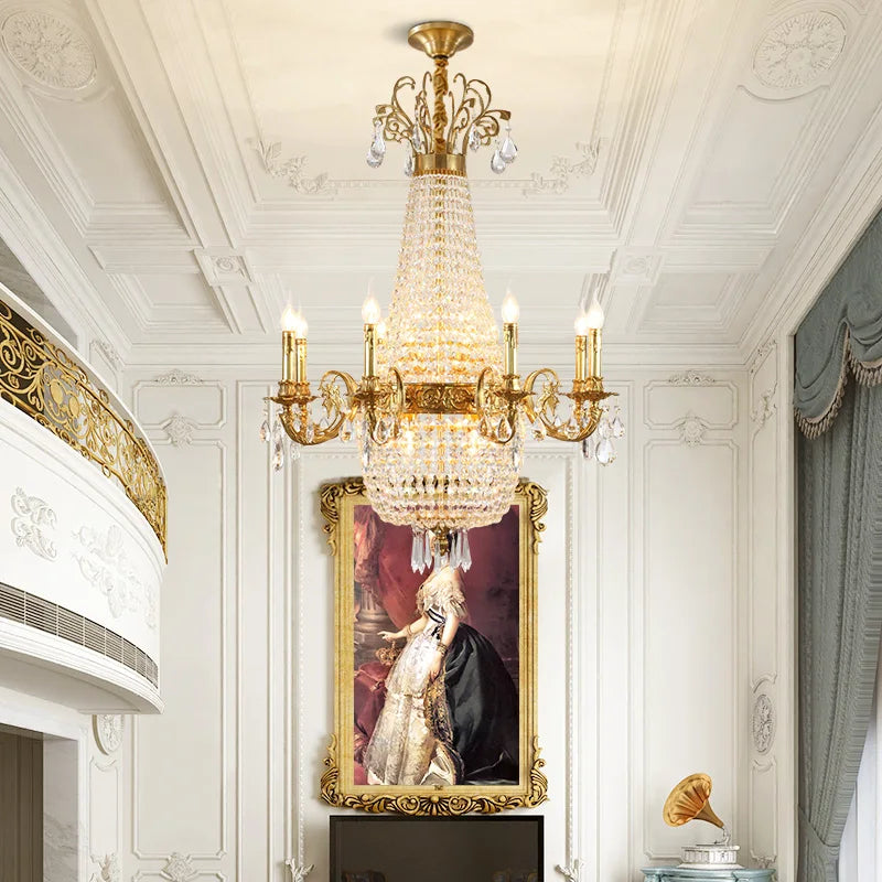 Crystal LED chandelier by Lamp Post featuring 10 lights, hanging in a living room with elegant crystal details and modern design.