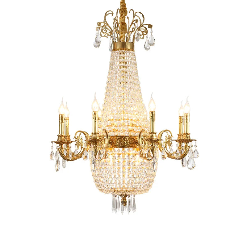 Crystal LED chandelier by Lamp Post with 10 lights, hanging in a living room, featuring elegant crystal details and modern design.