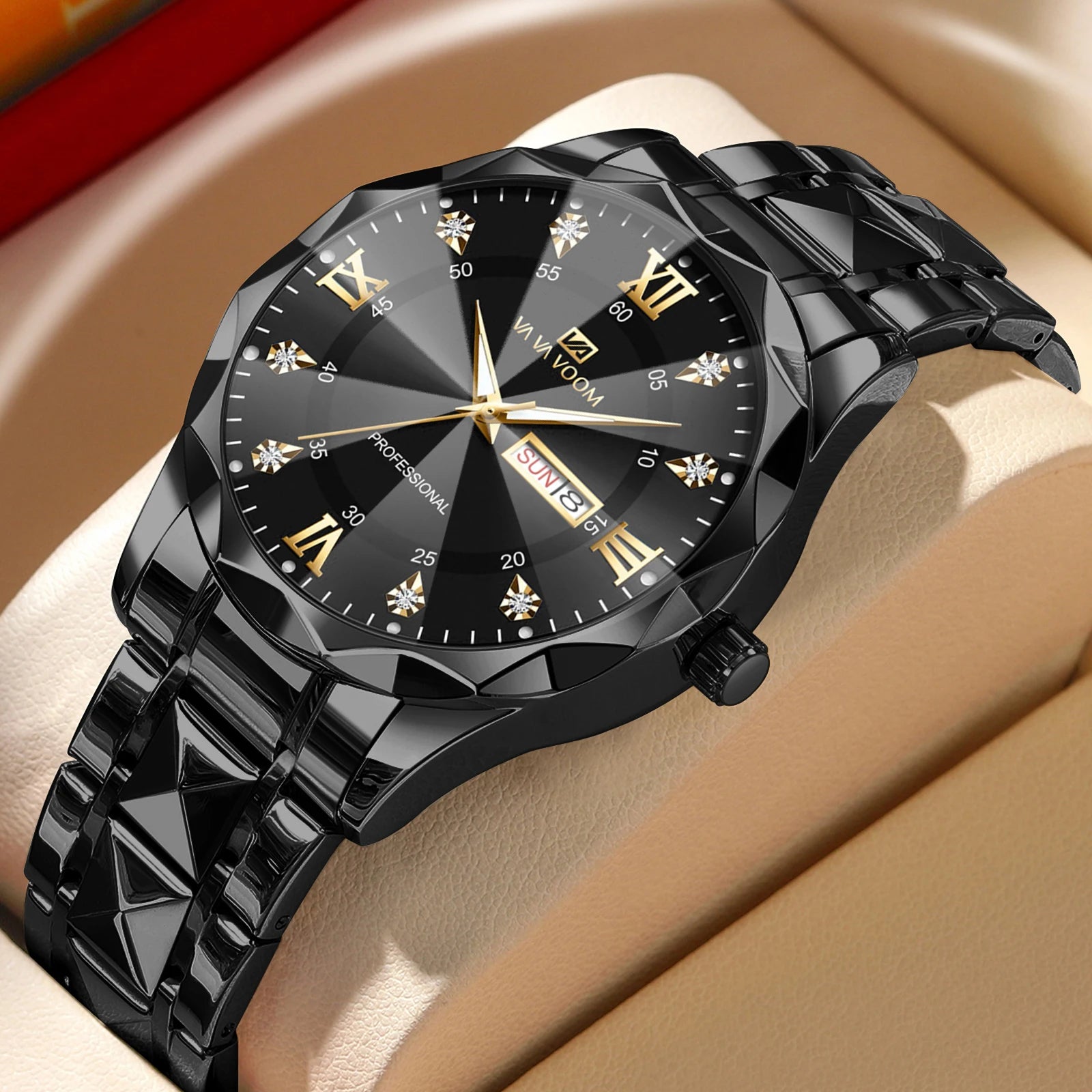 Men’s Diamond Night-Glow Business Watch by Lamp Post featuring blue and gold stainless steel, dual calendar, quartz movement, 41mm.